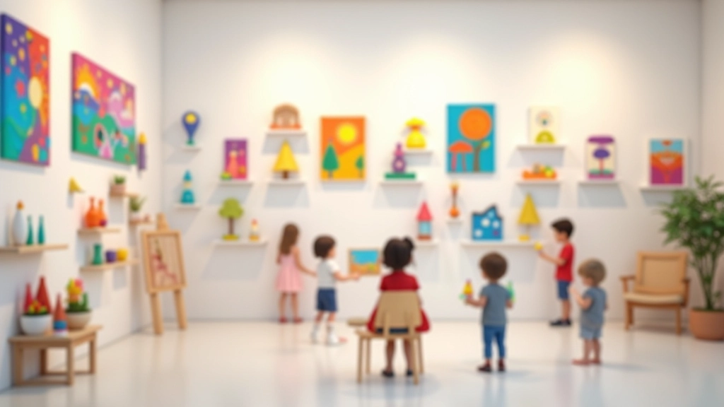 Sanat sınıfında bitmiş projeler sergileniyor, çeşitli renkli çocuk eserleri duvar ve raflarda, mutlu ve gururlu bir ortam