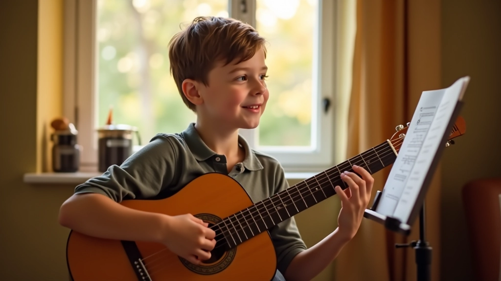 Çocuk gitar çalıyor, mutlu ifade, pencerenin yanında, sıcak ışık, müzik notaları görülüyor
