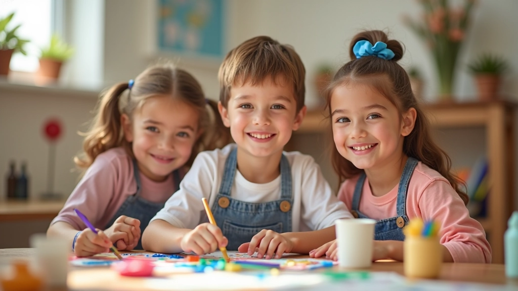 Sanat sınıfında çeşitli yaş gruplarından çocuklar, resim ve heykeltçilik projelerinde çalışıyor, mutlu ve odaklanmış ifadelerle