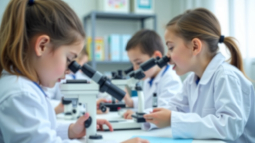 Küçük çocuklar laboratuvarda bilimsel deney yaparken konsantre görünüyor, mikroskop kullanıyor