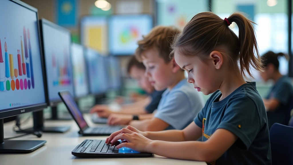 Bilgisayar laboratuvarında çocuklar, tablet ve dizüstü bilgisayarlarda dijital sanat projesi yapıyor, ekranlarına odaklanmış, renkli tasarımlar görülüyor