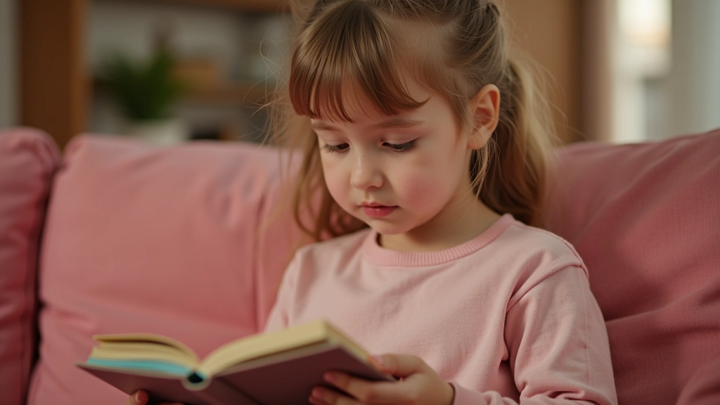 Genç bir kız pembe kanepede kitap okuyor, sıcak ışıklandırma, rahat ev ortamı, odaklanmış yüz ifadesi