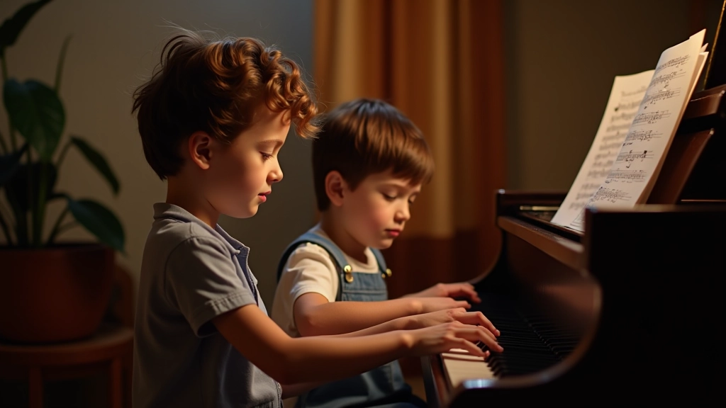 Müzik öğretmeni ve öğrenci birlikte piyano başında oturuyor, parça çalıyor, müzik notaları görülüyor