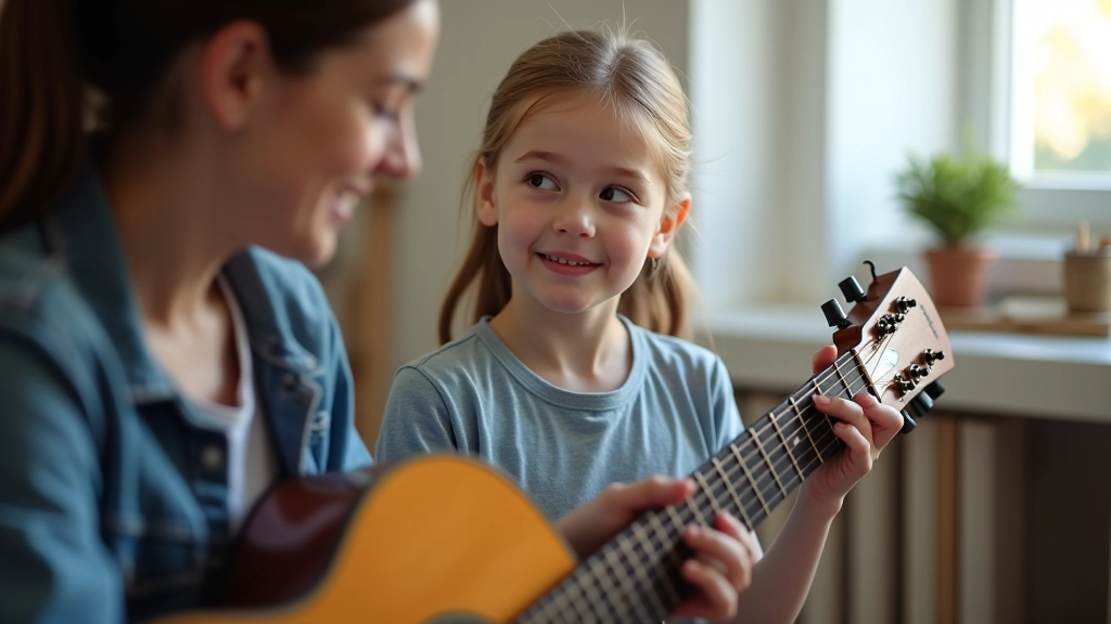 Genç kız gitar tutarak, öğretmen tarafından rehberlik ediliyor, müzik stüdyosunda, doğal ışık, bulanık arka plan
